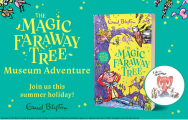Promo for magic faraway tree trail with image of the book on a teal background